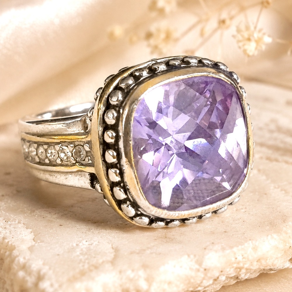 Sterling Silver Lavender CZ Ring Cushion Cut Gold Accent Halo Size 7.5 Statement